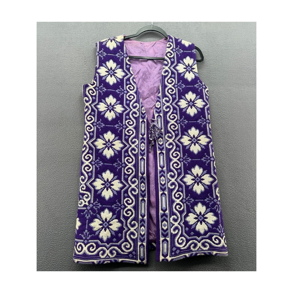 Vintage Handmade Needlepoint Tapestry Vest Purple Floral Geometric Long Duster